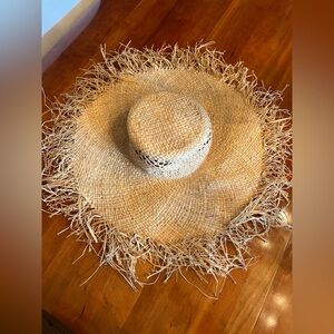 Eugenia Kim Large Tan / Beige Floppy Brim Raw Fringe Straw Hat